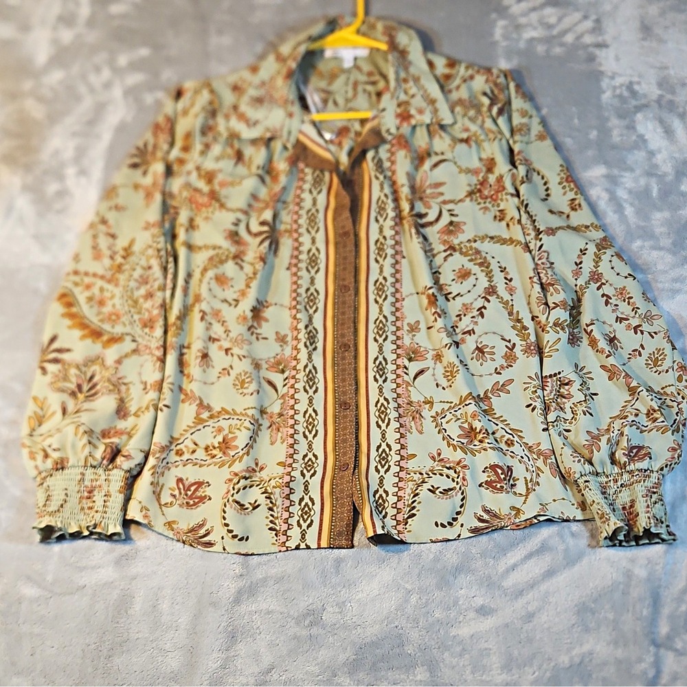 vintage 80s L Green Paisley Collared Long Sleeve Button-Up Woven Blouse